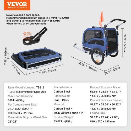 Vevor Waterproof Dog Carrying Blue Bicycle Trailer for 15kg Pets
