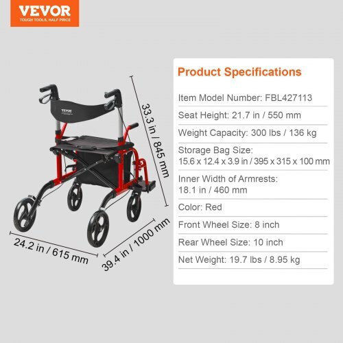 Vevor Foldable Aluminum Red Walker