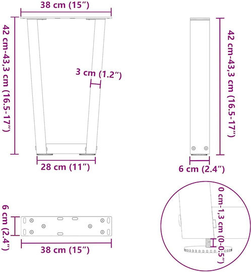 vidaXL Metallic Furniture Leg 2 Pieces Suitable for Table / Coffee Table / Office 38x42cm Black