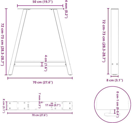 vidaXL Metallisches Möbelbein 2Stücke Für Tisch / Beistelltisch / Büro 70x72cm Schwarze