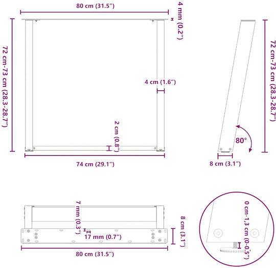 vidaXL Metallisches Möbelbein 2Stücke Für Tisch / Beistelltisch / Büro 80x72cm Anthrazit