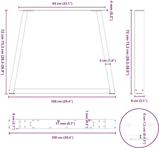 vidaXL Metallic Furniture Legs 2 Pieces Suitable for Table / Coffee Table / Office 100x72cm White