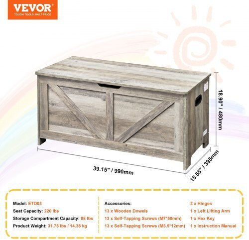 Vevor Children's Storage Box made of Wood Gray 38.98x15.55x18.9cm 1pcs