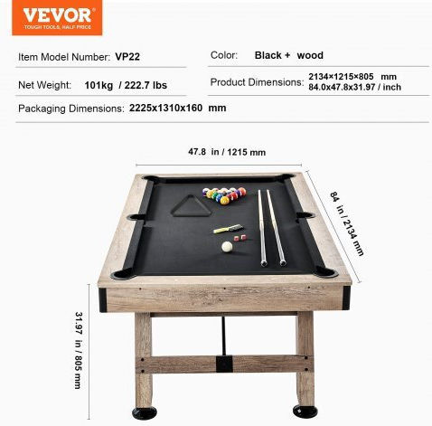 Vevor Τραπέζι Μπιλιάρδου Αμερικάνικο Μ213.4xΠ121.5xΥ80.5cm