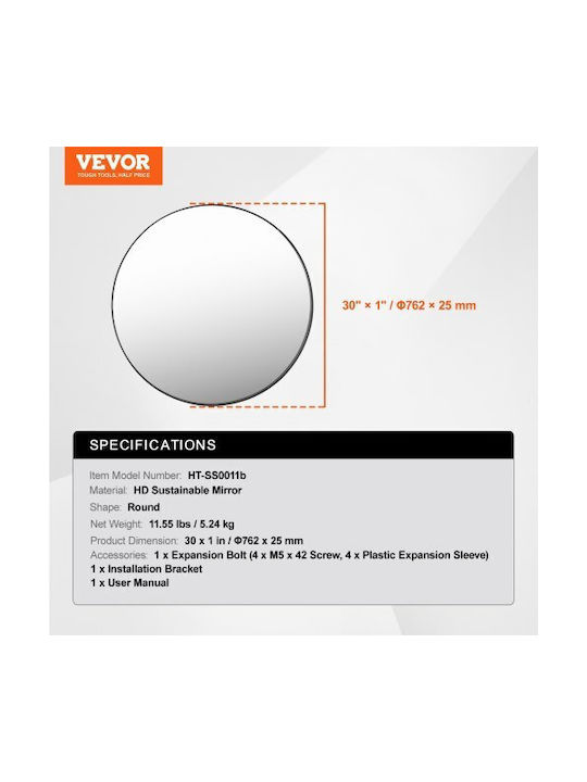 Vevor Wall Mirror with Black Metallic Frame Diameter 76.2cm 1pcs