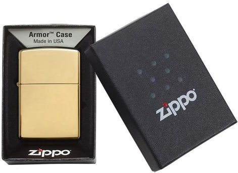 Zippo Armor High Polish Brass Feuerzeug Flamme in Gold Farbe