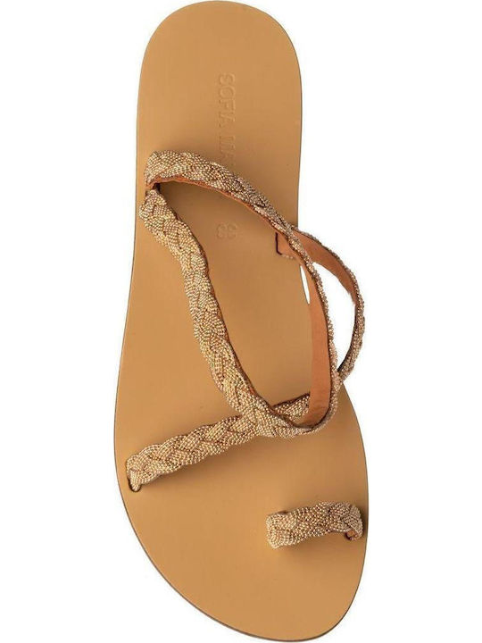 Leder Flache Sandalen für Damen mit Riemen Gold Raffia