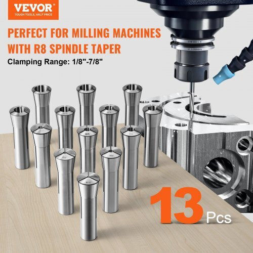 Vevor Set of 13 Precision Collets R8 1/8'' 7/8'' Steel 45# Milling Machine Drill Center Machining R8jt13pcsw00o2d91v0