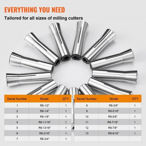 Vevor Set of 13 Precision Collets R8 1/8'' 7/8'' Steel 45# Milling Machine Drill Center Machining R8jt13pcsw00o2d91v0