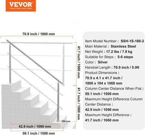 Vevor Handrails 70.9in Outdoor Steps 2 Crosses Porch Deck Bxgslzfs180cxmyzkv0
