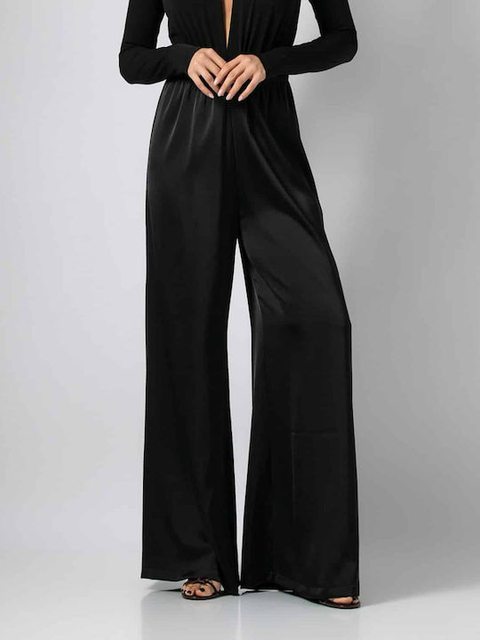 Noobass Women's High-waisted Satin Trousers with Elastic in Straight Line Black