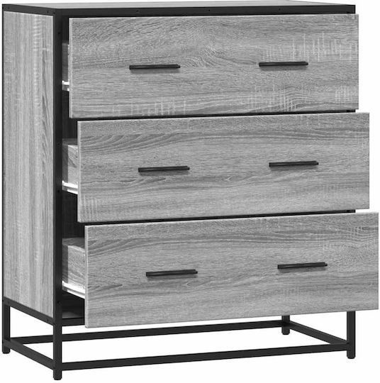 Wooden & Metallic Chest of Drawers with 3 Drawers Grey Sonoma 68x35x76cm