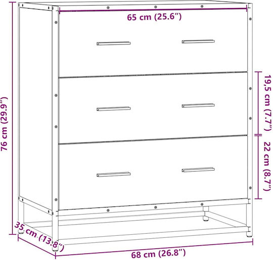 Wooden & Metallic Chest of Drawers with 3 Drawers Grey Sonoma 68x35x76cm