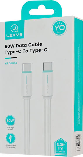 Usams USB 2.0 Cable USB-C male - USB-C 60W PD Λευκό 1m SJ734USB02