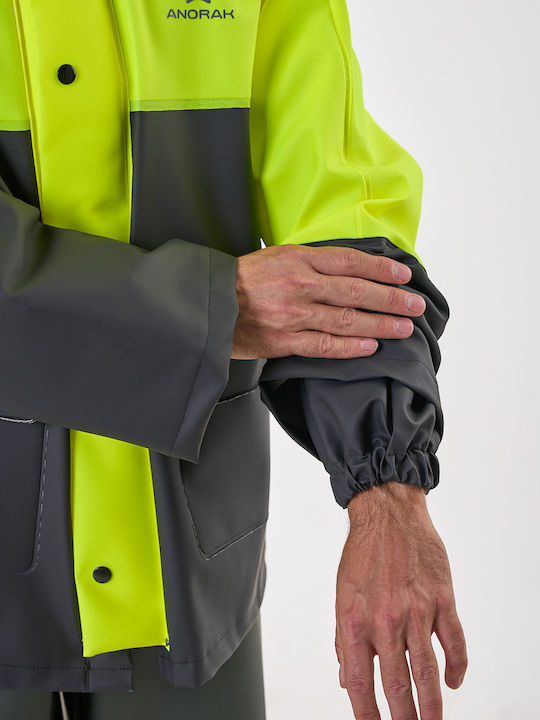 Costum Anorak Impermeabil Bicolor cu Glugă Autostradă Lung Galben Fluorescent-Negru