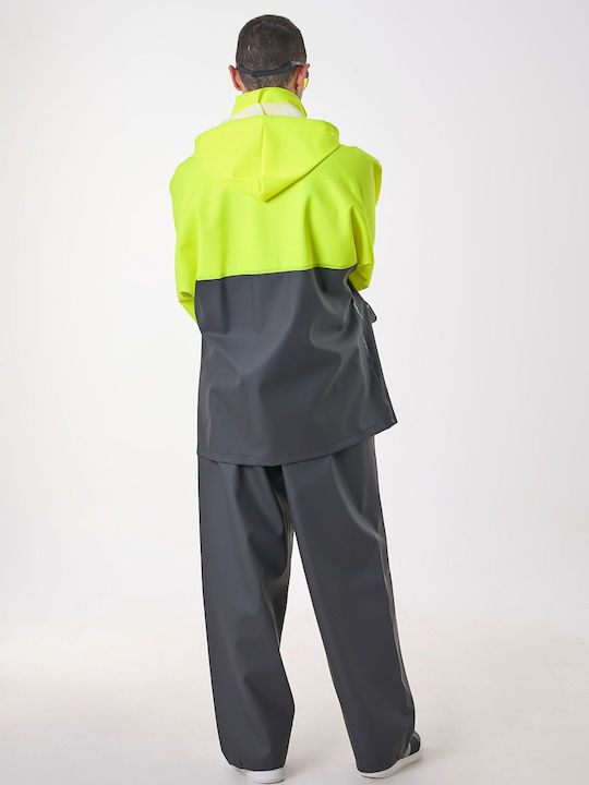 Costum Anorak Impermeabil Bicolor cu Glugă Autostradă Lung Galben Fluorescent-Negru