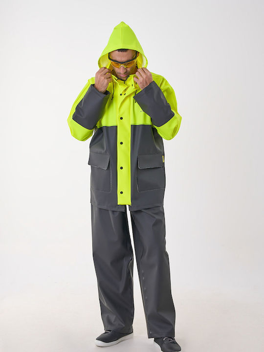 Costum Anorak Impermeabil Bicolor cu Glugă Autostradă Lung Galben Fluorescent-Negru