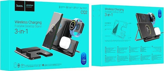 Hoco Ασύρματος Φορτιστής (Qi Pad) 15W Power Delivery / Quick Charge 3.0 Μαύρος (CQ2 Flash 3-in-1)