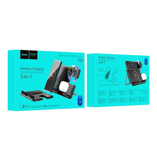 Hoco Ασύρματος Φορτιστής (Qi Pad) 15W Power Delivery / Quick Charge 3.0 Μαύρος (CQ2 Flash 3-in-1)