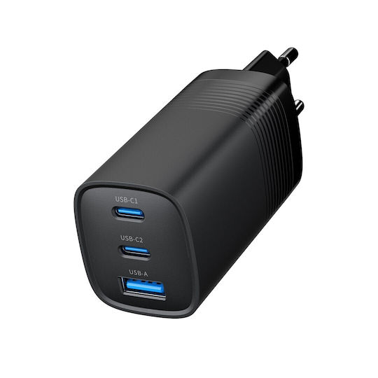 Gembird Wireless Charger GaN With USB-A Port And 2 USB-C Ports 65W Power Delivery Black (TA-UC-PDQC65-01-BK)