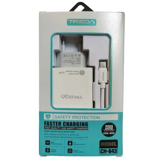 Treqa Ladegerät mit USB-A Anschluss und USB-C Anschluss und Kabel USB-C 20W Stromlieferung Weißs (CH-643)
