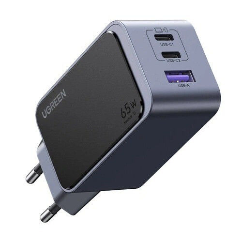 Ugreen Charger Without Cable GaN with USB-A Port and 2 USB-C Ports 65W Power Delivery / Quick Charge 3.0 Gray (Nexode Air)