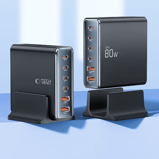 Tech-Protect Βάση Φόρτισης GaN με 2 Θύρες USB-A και 4 Θύρες USB-C 80W Power Delivery / Quick Charge 3.0 σε Μαύρο χρώμα