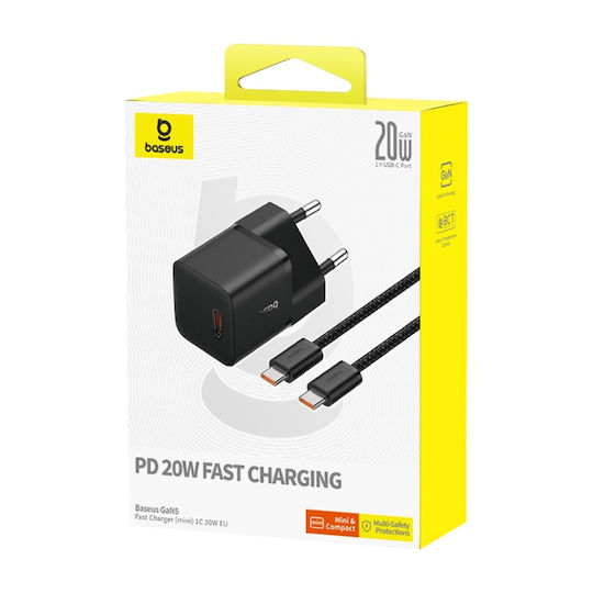 Baseus Ladegerät GaN mit USB-C Anschluss und Kabel USB-C - USB-C 20W Stromlieferung Schwarzs (Gan5)