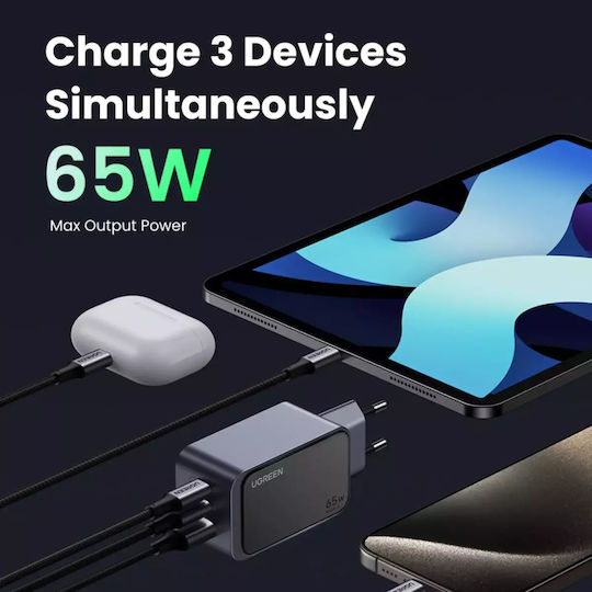 Ugreen Charger Without Cable GaN with USB-A Port and 2 USB-C Ports 65W Power Delivery / Quick Charge 3.0 Gray (Nexode Air)
