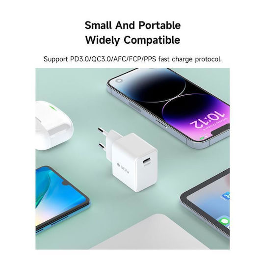 Devia Φορτιστής Χωρίς Καλώδιο GaN με Θύρα USB-C 30W Power Delivery Λευκός (EA455)