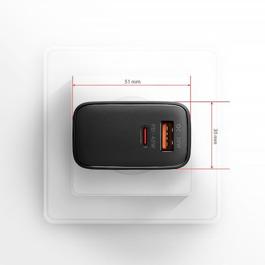 Axagon Зарядно без кабел GaN с USB-A порт и USB-C порт 45W Power Delivery / Quick Charge 3.0 / Quick Charge 4.0 Черен (ΑCU-ΡQ45)