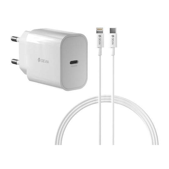 Devia Φορτιστής με Θύρα USB-C και Καλώδιο USB-C - Lightning 20W Power Delivery Λευκός (383847)