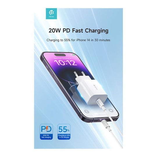 Devia Φορτιστής με Θύρα USB-C και Καλώδιο USB-C - Lightning 20W Power Delivery Λευκός (383847)