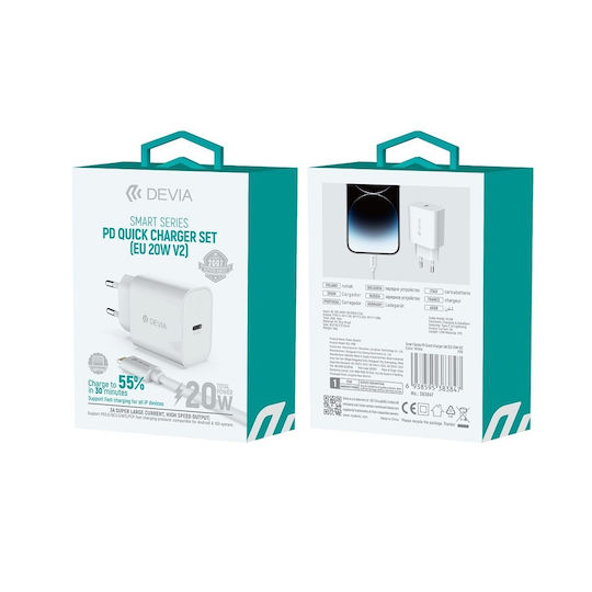 Devia Φορτιστής με Θύρα USB-C και Καλώδιο USB-C - Lightning 20W Power Delivery Λευκός (383847)