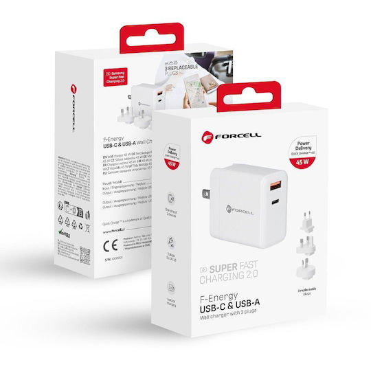 Forcell Φορτιστής Χωρίς Καλώδιο με Θύρα USB-A και Θύρα USB-C 45W Power Delivery / Quick Charge 4.0 Λευκός