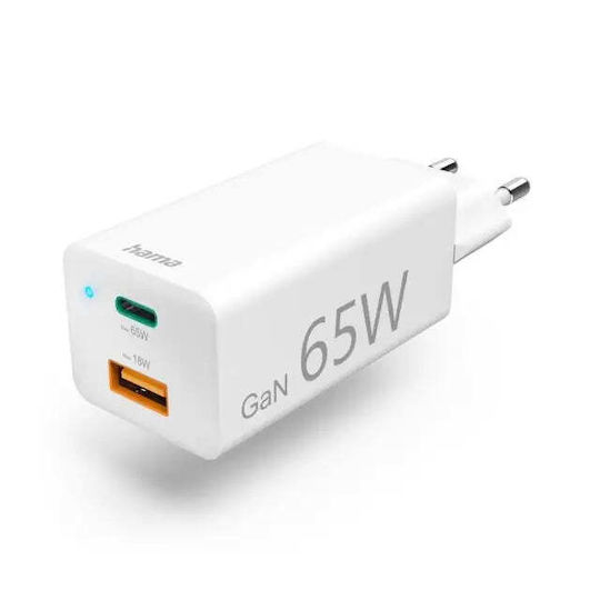 HAMA Incarcător GaN Cu Port USB-A Și Port USB-C Și Cablu USB-C Alb 200016