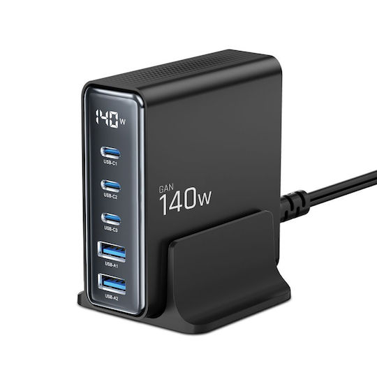Tech-Protect Charging Stand with 2 USB-A Ports and 3 USB-C Ports and Cable micro USB 140W Quick Charge 3.0 / Power Delivery in Black color (DC140W-GAN)