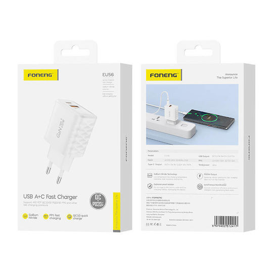 Foneng Încărcător Fără Cablu GaN cu Port USB-A și Port USB-C 20W Livrarea energiei / Quick Charge 3.0 Albς (EU56)