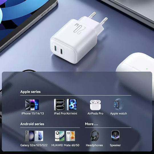 Joyroom Φορτιστής Χωρίς Καλώδιο με 2 Θύρες USB-C 20W Power Delivery / Quick Charge 3.0 Λευκός (JR-TCF12)