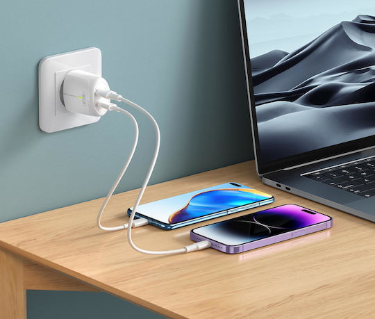 XO Charger with USB-A Port and USB-C Port and Cable USB-C - USB-C 20W Power Delivery Whites (L114)