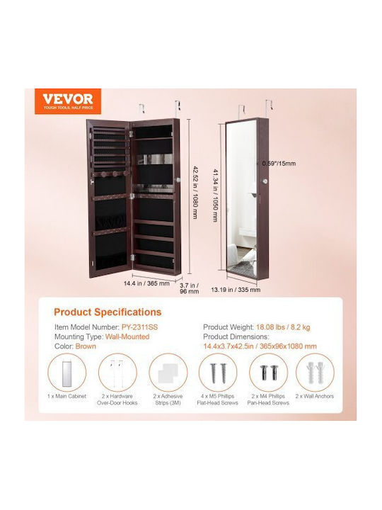 Vevor Ντουλάπα Κοσμημάτων Ξύλινη με Καθρέφτη Καφέ