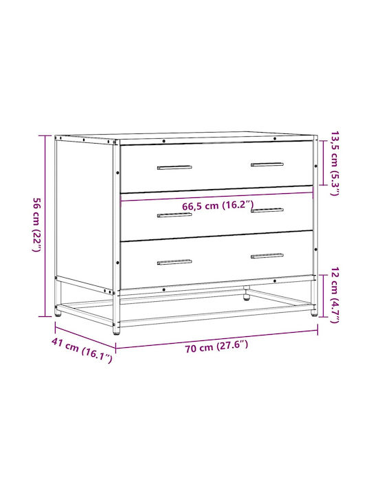 Wooden & Metallic Chest of Drawers Smoked Oak 70x41x56cm