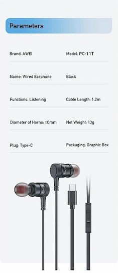Awei PC-11T In-ear Handsfree Headphones with Connector USB-C Black