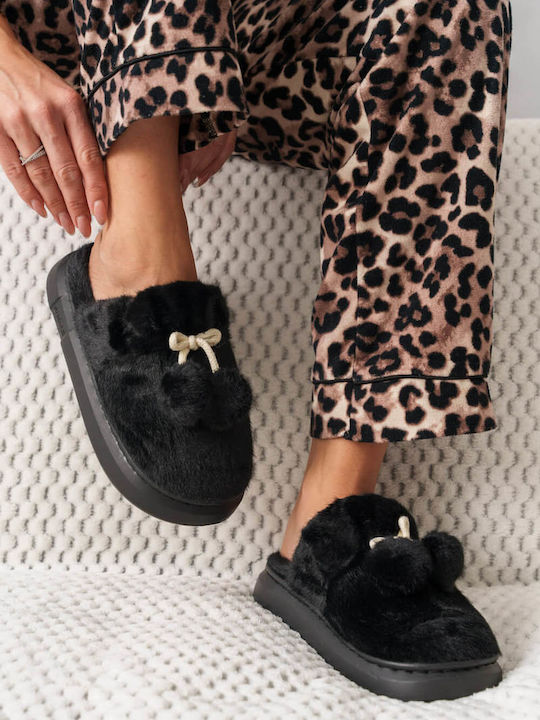 Black Fur House Slippers with Decorative Pom-Poms