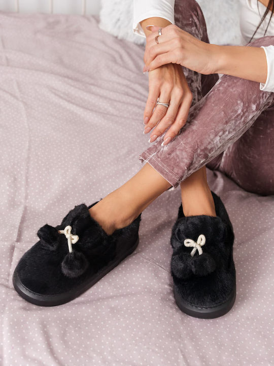 Black Fur Pom Pom House Booties