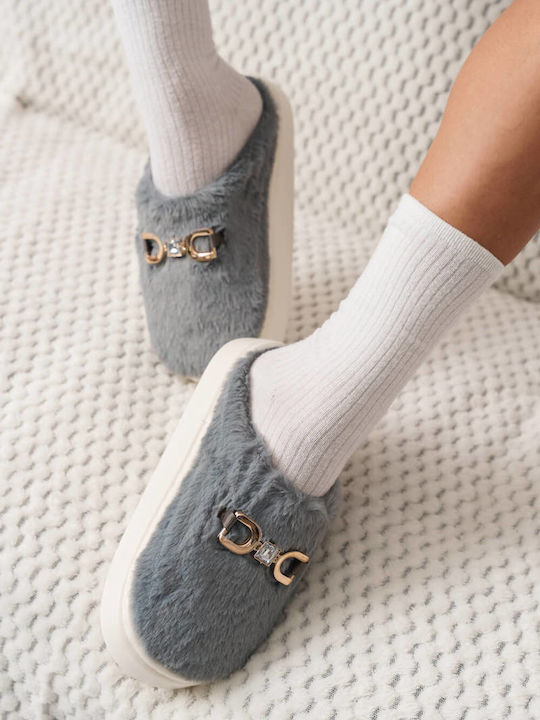 Gray House Slippers with Gold Detail