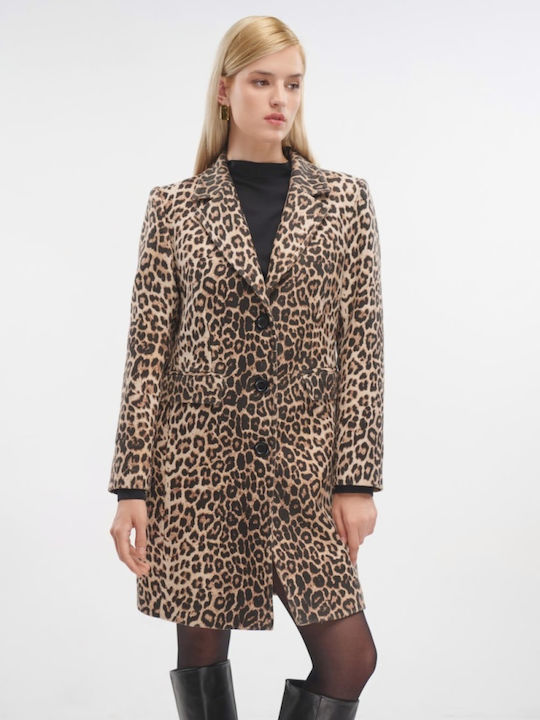 Femeie Leopard Coffee Palton cu Nasturi