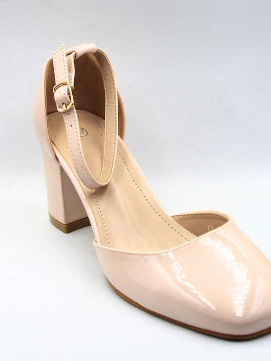 Plato Patent Leather Beige Medium Heels with Strap