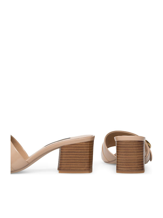 Mules with Chunky Heel in Beige Color