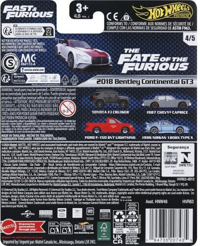 Hot Wheels Fast & Furious Spielzeugauto 1:64 2018 Bentley Continental GT3 für 3++ Jahre